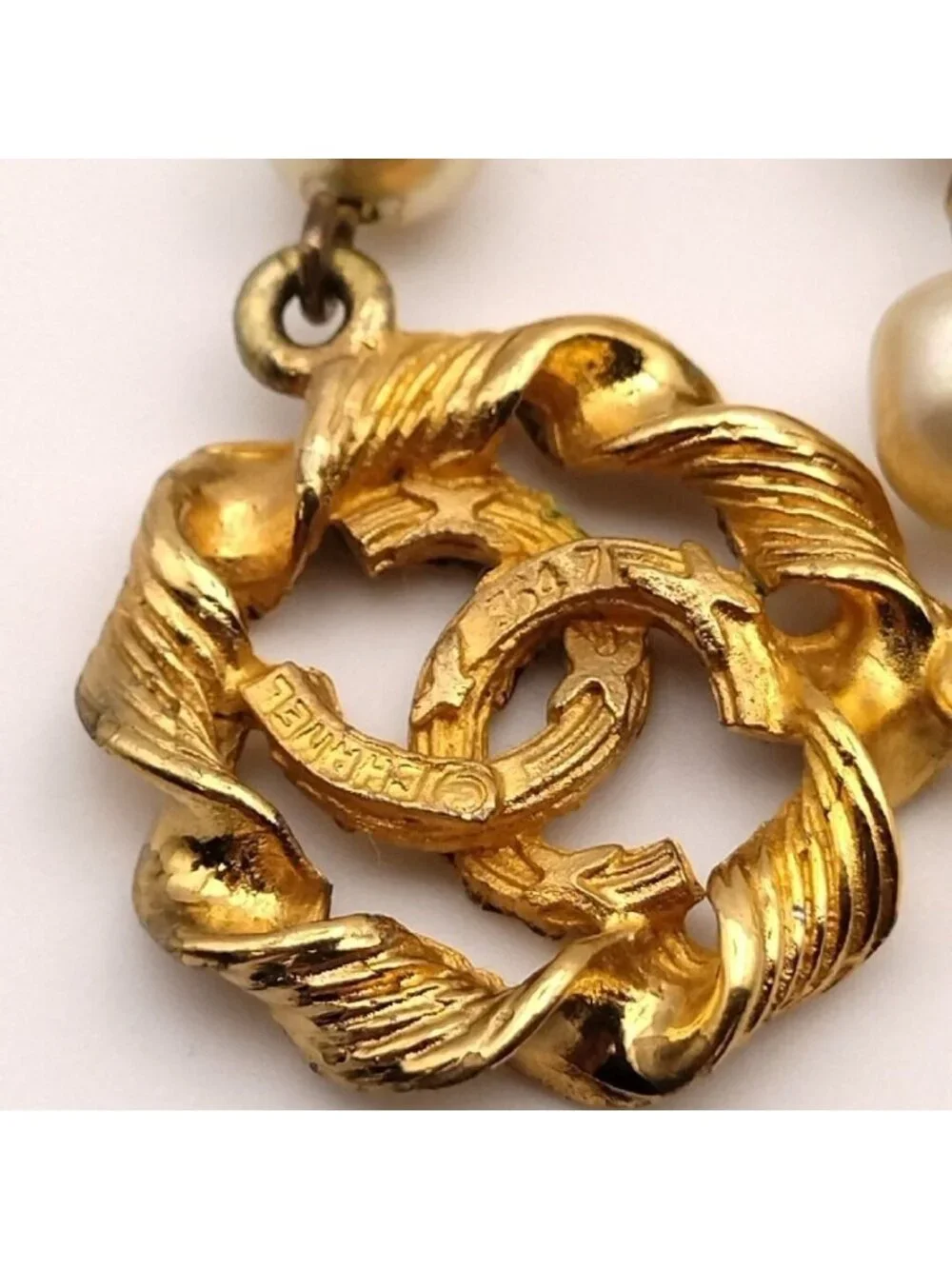 Chanel Gold Faux Pearl CC Logo Necklace Twist First Era Vintage